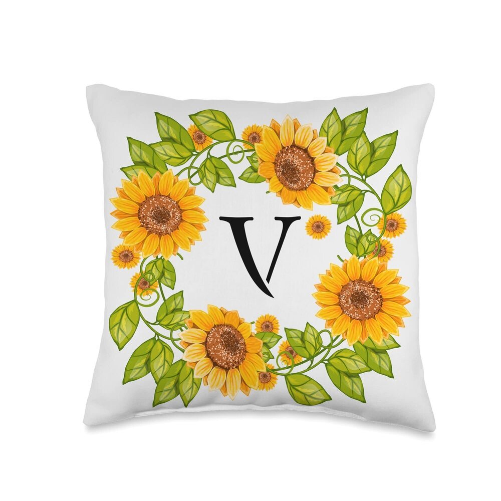 1331 Sunflower Flowers Girl Monogram Initial Letter V Floral Throw Pillow